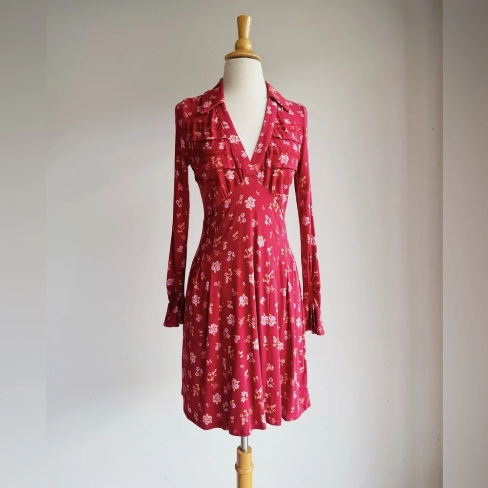 FREE PEOPLE Good Days Mini Dress in Red Floral Pattern XS